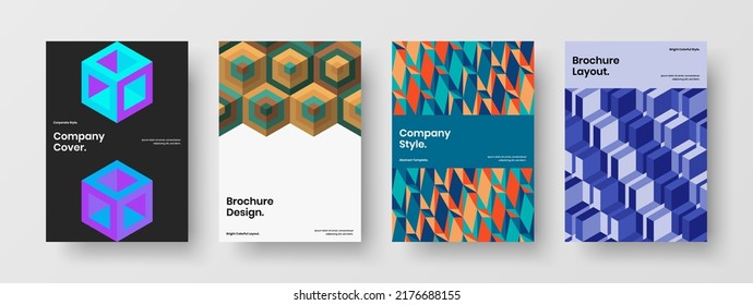 Original company brochure A4 design vector concept bundle. Isolated mosaic shapes postcard layout collection.