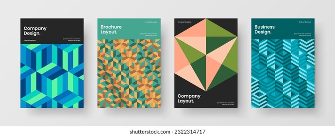 Original company brochure vector design concept collection. Vivid geometric pattern booklet layout set.