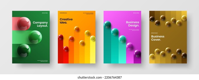 Original company cover A4 design vector concept composition. Bright realistic spheres front page template set.