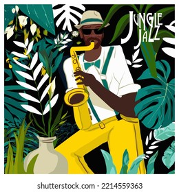 Original composition on the theme of Jungle Jazz - vector illustration (Ideal for printing on fabric or paper, poster or wallpaper, house decoration)