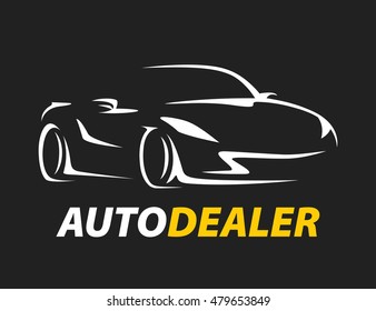 Original concept auto dealer car logo with supercar sports vehicle silhouette on black background. Vector illustration.