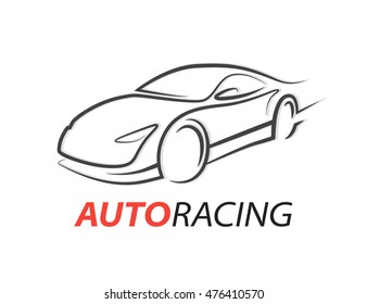 Original concept auto racing car logo with grey supercar sports vehicle silhouette isolated on white background. Vector illustration.