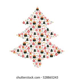 Original concept with Christmas symbols. Design element for greeting card in vector. New year decoration with bell, snowflake and gift in form of Christmas tree isolated on white background