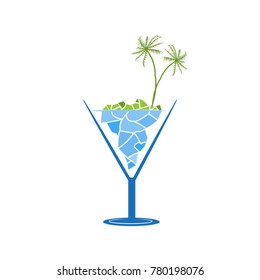 The original concept of a cocktail glass with a landscape of the summer tropical island and glacier. Vector illustration.
