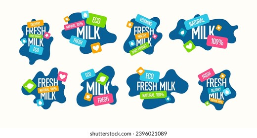 The original concept poster for milk advertising. Vector illustration in a flat style. A set of vector elements for design. Original poster for natural products. Isolated images in a flat style.