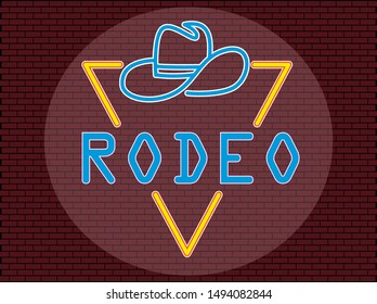 Original concept Real cowboy hat with rodeo neon text. Vector illustration in neon style suitable for website design and advertising