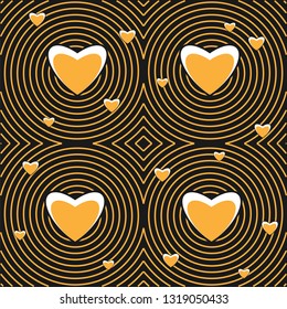 The original conceptual black and yellow background with spirals and randomly arranged stylized different-sized hearts. Vector illustration