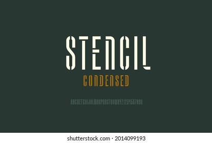 Original condensed font, modern stencil alphabet, letters and numbers, vector illustration 10EPS