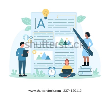 Original content creation and development, storytelling and copywriting vector illustration. Cartoon tiny copywriters create and edit article with pen, people edit text online with creative ideas