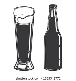 Original contour illustration of a beer bottle and a glass. Coloring
