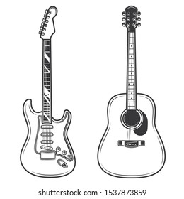 Original contour vector illustration. Acoustic and electric guitar.