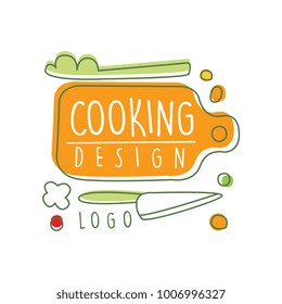 Original cooking logo design with cutting board, knife and vegetables. Creative culinary line label for cafe, food delivery, restaurant. Vector on white.