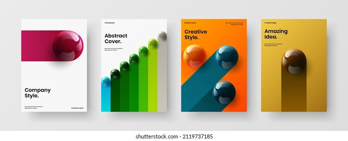 Original corporate cover design vector illustration composition. Abstract realistic spheres presentation template bundle.