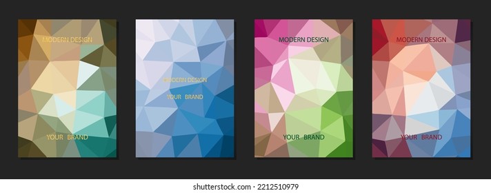 Original cover design set, vertical templates. Geometric multicolored volumetric convex 3D polygonal pattern. Collection for business background, magazine layout, brochure, booklet, flyer.
