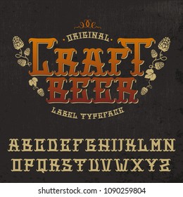 Original "Craft beer" label typeface design. Vector hand crafted font with hops ornament for alcohol label. Pub sign, t-shirt print, beer label.