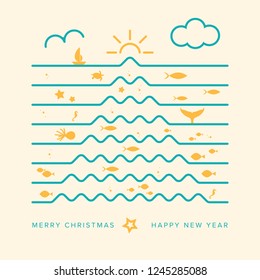 Original and Creative Christmas Card, Inspired by Marine Life and Summer. Christmas Tree Made Up Of Waves. Square Format. Vector Illustration. EPS10 with Layers for Easy Editing.