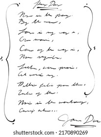 Original cursive handwritten illegible poem, like writing in a notebook or diary page. Little decorative lines on the side margins, and signed by "John" or "Jane" "Doe." 