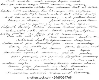 Original cursive, super messy and illegible gibberish handwriting in black ink, vintage, antique style cursive. Lorem Ipsum text for patterns, love letters, with old fashioned texture and lettering.