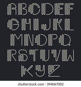 Original curved latin alphabet set. Linear uppercase modern font, typeface, english thin white alphabet isolated on black background. Contemporary vision of vintage Art Deco typography style.