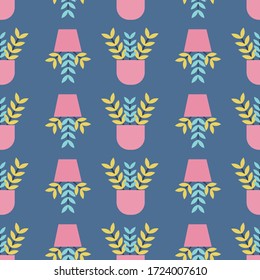 Original cute pattern with repeating houseplants on the navy blue background. Vector ornament for card, label, envelope, packaging, scrapbook, fabric, wallpaper