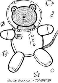 Original cute vector illustration of astronaut Teddy Bear in spacesuit in space