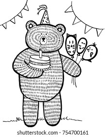 Original cute vector illustration of Birthday Teddy Bear with balloons celebration hat and cake with candle.