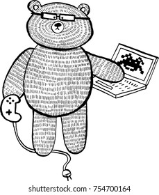 Original cute vector illustration of Geek nerd Teddy Bear in glasses with computer game and gamepad
