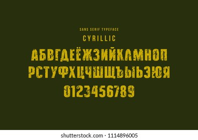 Original cyrillic sans serif font. Bold face. Letters and numbers with rough texture for logo and emblem design