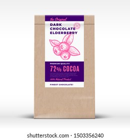 The Original Dark Elderberry Chocolate. Craft Paper Bag Product Label. Abstract Vector Packaging Design Layout with Realistic Shadows. Modern Typography and Hand Drawn Berries Silhouette. Isolated.
