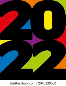 Original and decorative greeting card with 2022 written in black letters on a multicolored background, consisting of red, blue, yellow and green.