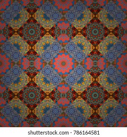 Original decorative oriental backdrop in pink, blue and orange colors. Vector illustration. Mandalas. Colorful Paisley seamless pattern.