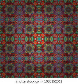 Original decorative oriental backdrop in red, orange and blue colors. Colorful Paisley seamless pattern. Vector illustration. Mandalas.