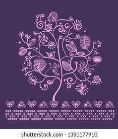 Original decorative tree with hearts, birds, leaves, whirl ornament. 