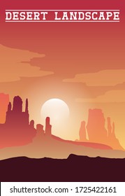 Original design of Desert landscape with mountains and cactus silhouette on the wild west. Panorama in pink and purple color in flat style vector.