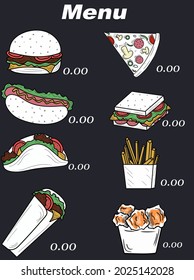 The original design of the fast food menu. Sandwich, pizza, shawarma, hot dog, tacos, fries, chicken wings. Vector design of menu for cafe, fast food, street food.