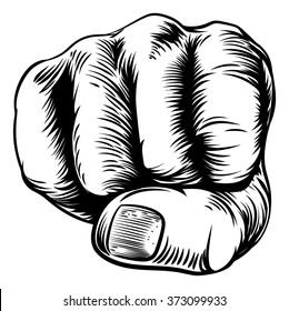 An original design of a fist hand in a vintage woodcut woodblock style