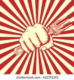 An original design of a fist holding a fork in a vintage propaganda poster woodcut style