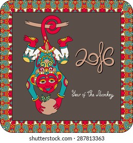 original design for new year celebration with decorative ape and inscription - 2016 Year of The Monkey - on square frame ornament with red and brown color background, vector illustration