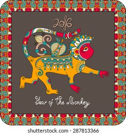 original design for new year celebration with decorative ape and inscription - 2016 Year of The Monkey - on square frame ornament with red and brown color background, vector illustration