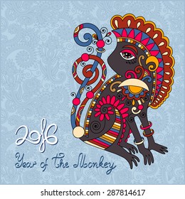 original design for new year celebration with decorative ape and inscription - 2016 Year of The Monkey - on ornamental light blue color background, vector illustration