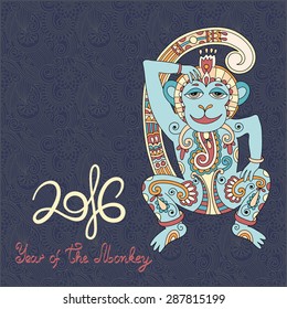 original design for new year celebration with decorative ape and inscription - 2016 Year of The Monkey - on ornamental dirty dark blue color background, vector illustration