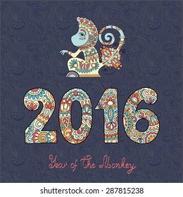 original design for new year celebration with decorative ape and inscription - 2016 Year of The Monkey - on ornamental dirty dark blue color background, vector illustration