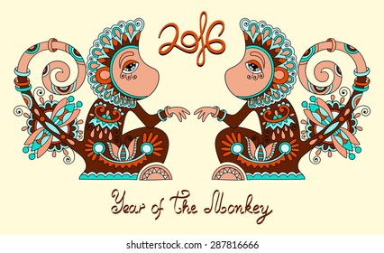 original design for new year celebration with decorative ape and inscription - 2016 Year of The Monkey - on light yellow color background, vector illustration