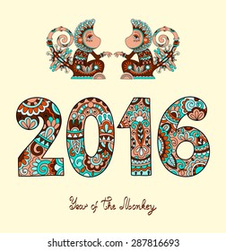original design for new year celebration with decorative ape and inscription - 2016 Year of The Monkey - on light yellow color background, vector illustration