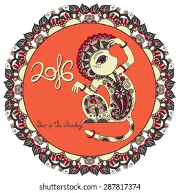 original design for new year celebration with decorative ape and inscription - 2016 Year of The Monkey - on circle ornament with light red color background, vector illustration