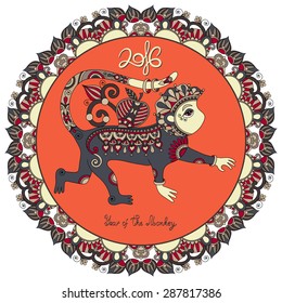 original design for new year celebration with decorative ape and inscription - 2016 Year of The Monkey - on circle ornament with light red color background, vector illustration