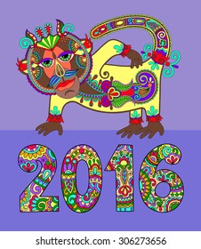 original design for new year celebration with decorative monkey and inscription - 2016  on light violet color background, vector illustration