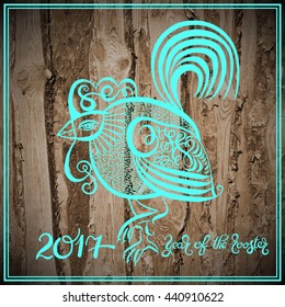 original design for new year celebration chinese zodiac signs with decorative rooster, calligraphy folk vector illustration with hand written lettering inscription 2017 year of the rooster