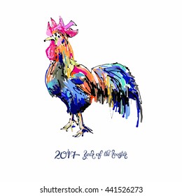 original design for new year celebration chinese zodiac signs with decorative rooster, digital painting vector illustration with hand written lettering inscription 2017 year of the rooster