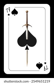 Design original do ás de cartas de jogo de espadas. Ás de espadas com a imagem de uma espada de cavaleiro. Ilustração vetorial